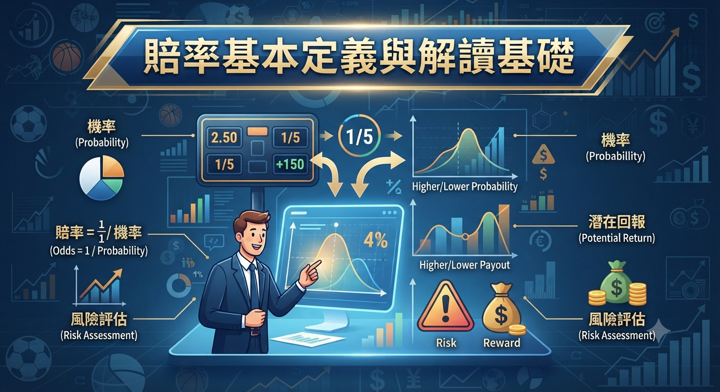 這張圖片以「賠率基本定義與解讀基礎」為標題,透過專業分析師的視覺呈現,綜合展示了機率、風險評估及潛在回報等概念。 畫面運用數據圖表與金融符號,清晰地解釋了賠率與機率之間的關聯,適合作為理解博弈數據與風險管理的教學圖示。
