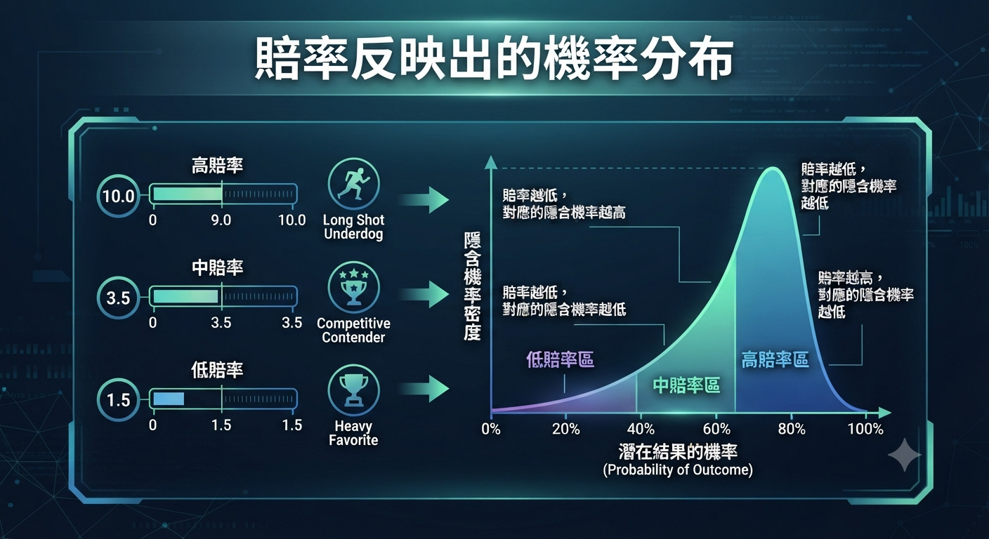 這張資訊圖表展示了賠率與隱含機率之間的關聯,透過數據分佈曲線來說明高、中、低賠率對應的機率密度。 圖表以視覺化方式呈現了隨著賠率變化,賽事結果的隱含機率如何分佈,旨在幫助理解市場對不同結果的勝率預測。