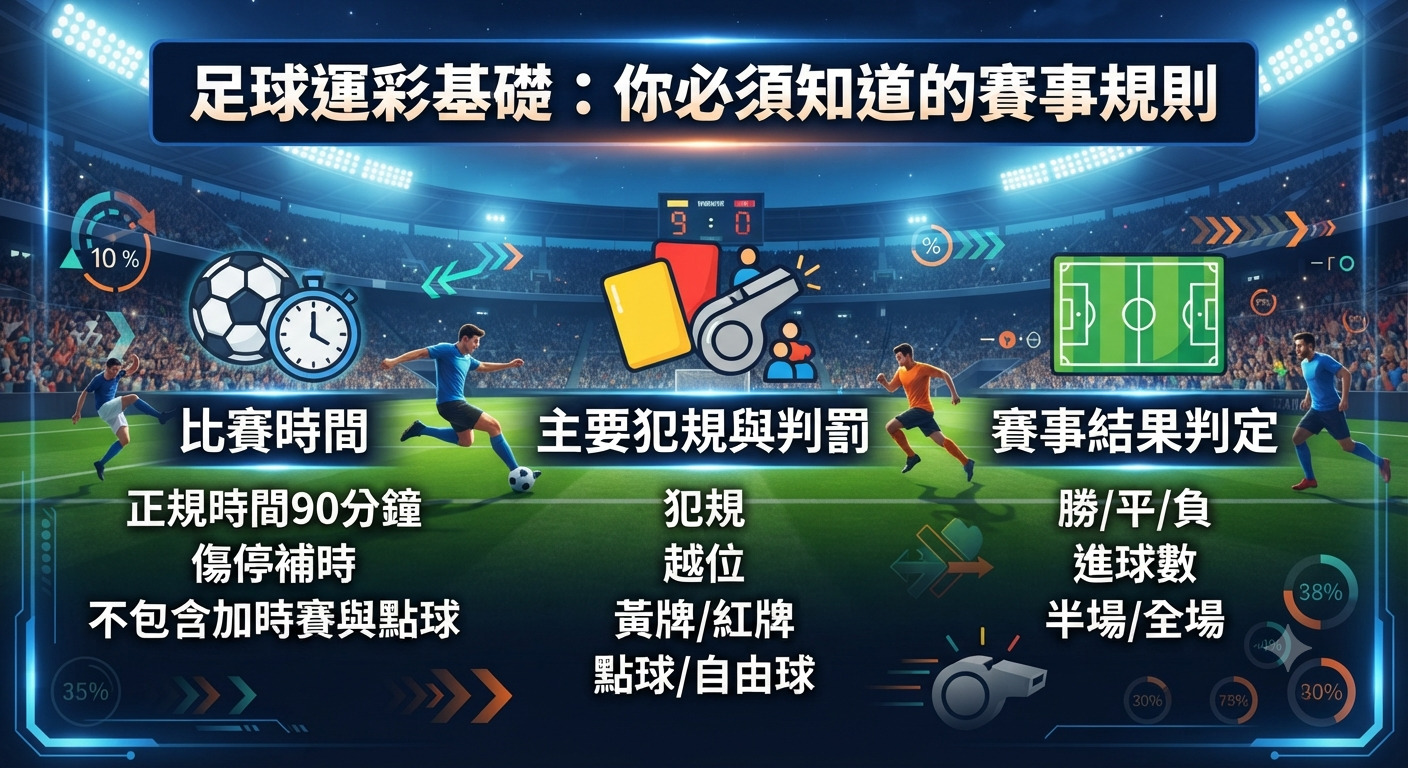 這是一張以足球博彩為主題的專業資訊圖，上方清楚標示了「足球運彩基礎：你必須知道的賽事規則」標題。 畫面透過足球場背景與賽事數據圖示，簡潔呈現了比賽時間、犯規判罰及賽事結果判定等核心規則。